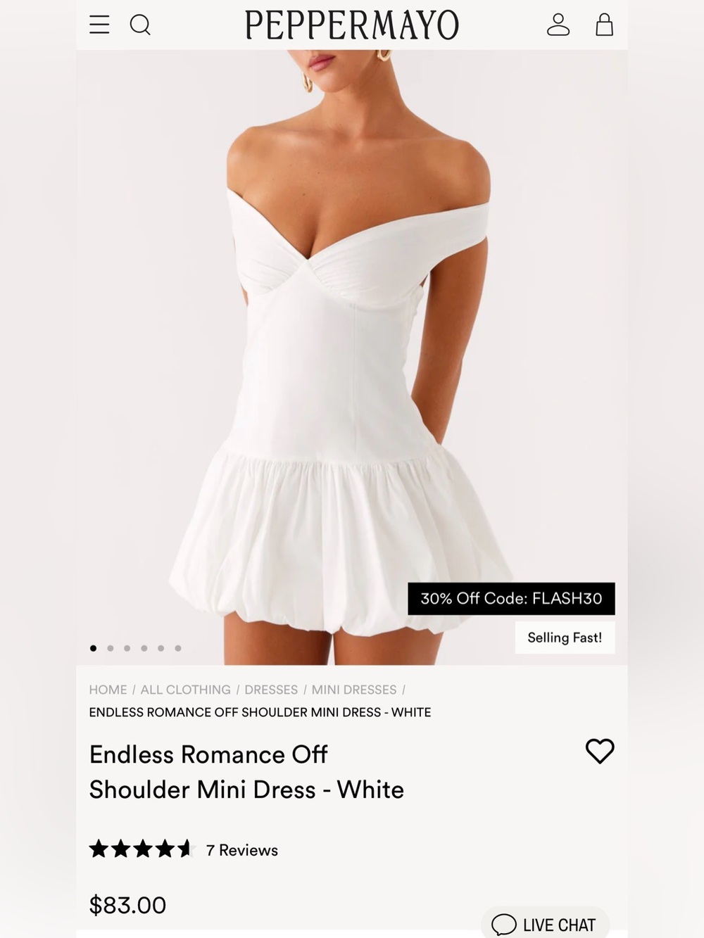 Peppermayo Endless Romance Off-Shoulder Mini Dress in White